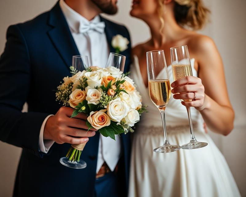 Couple getting married in New York holding bouquet and glass