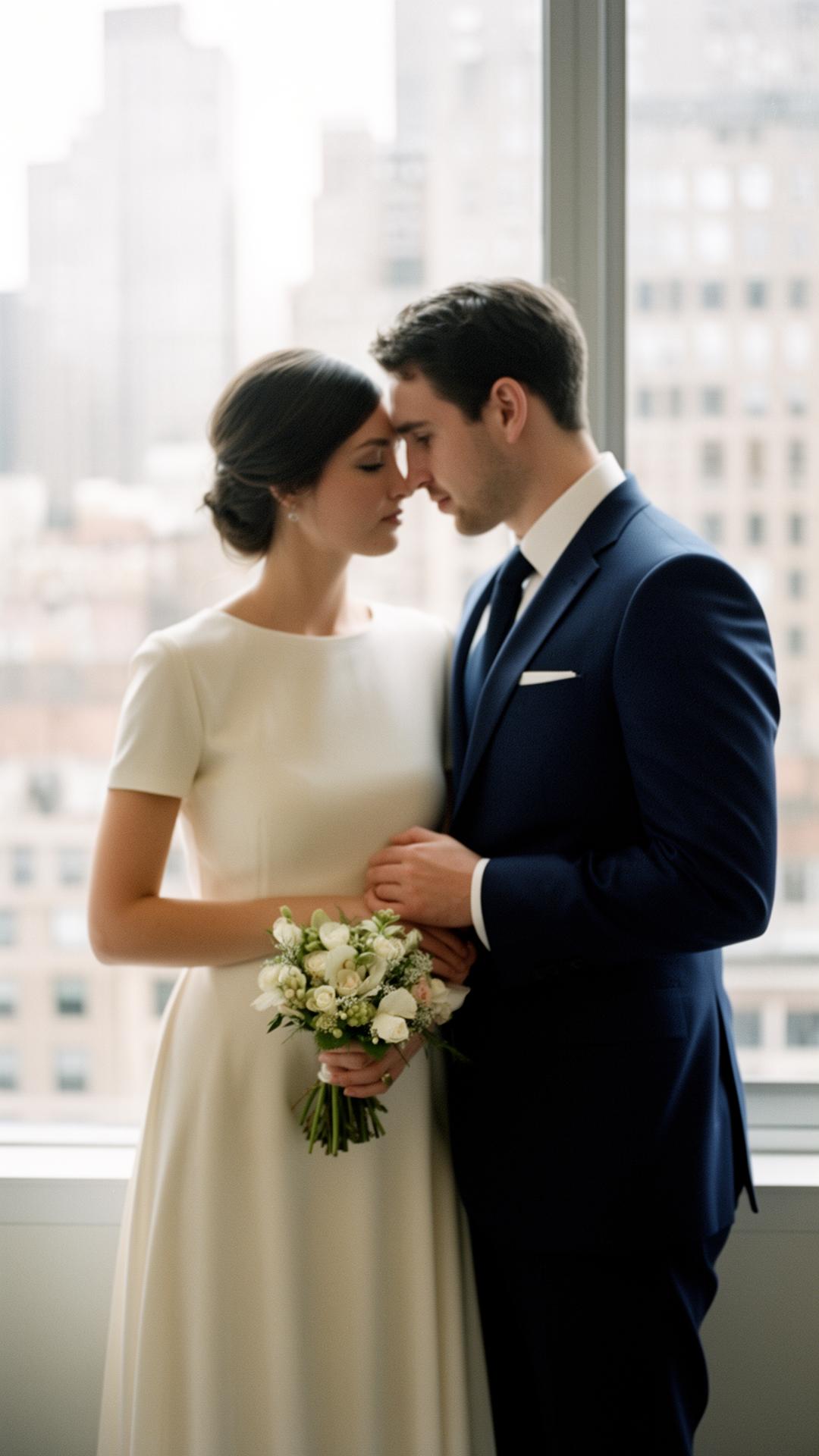 Couple getting married in New York with simple wedding ceremony and bouquet near city window