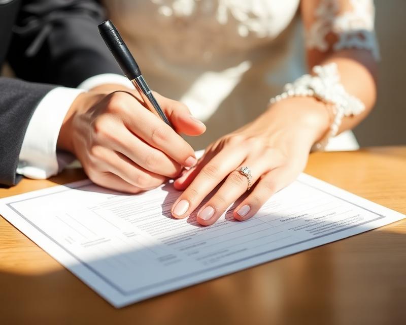 Bride signing marriage certificate while partner holds hands during same day wedding in New York