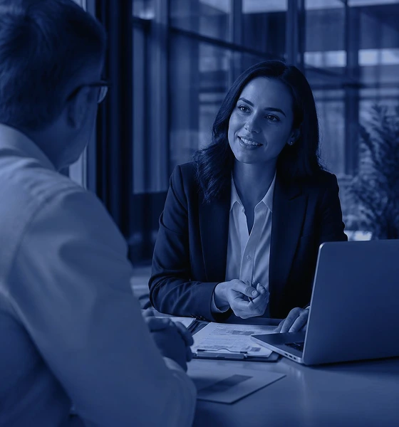 Two professionals in office meeting with laptop and papers