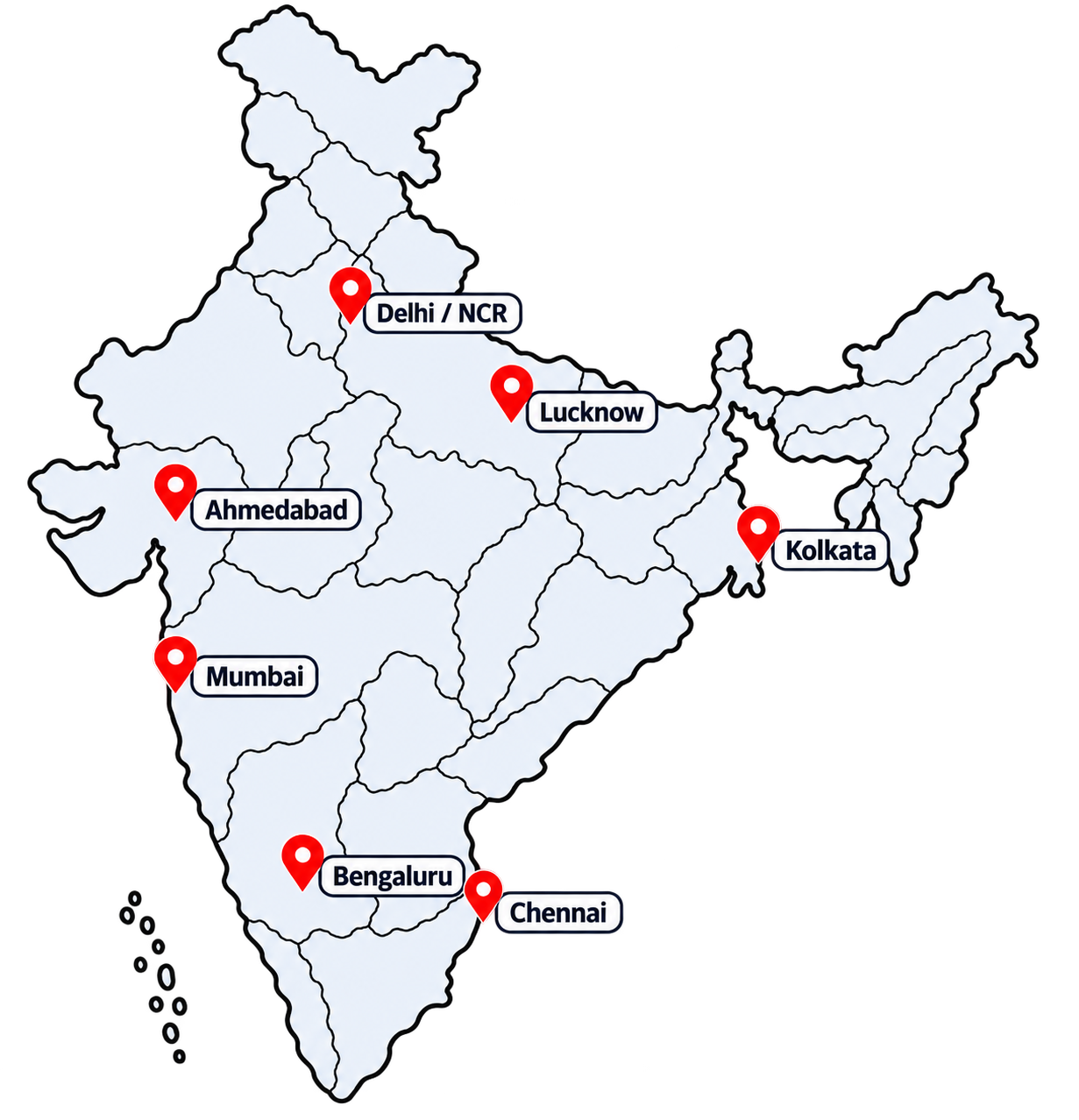 Map of India with major cities marked including Delhi, Lucknow, Kolkata, Ahmedabad, Mumbai, Bengaluru, and Chennai.