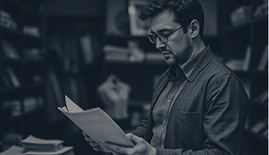 Person reading papers in office with bookshelves
